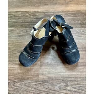 Vintage 1970s Faux Black Suede & Patent Leather Clogs Sling Back AS IS